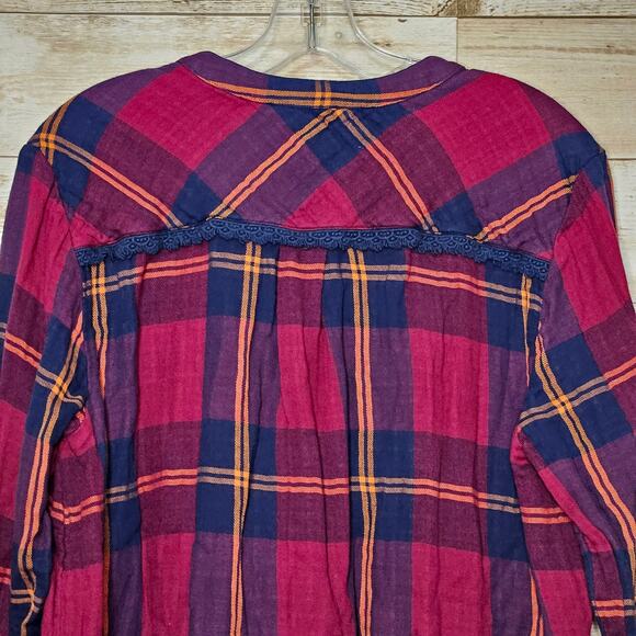 Soft Surroundings Ellesmere Double Flannel Long Sleeve Button Medium Crochet Top - Picture 8 of 14